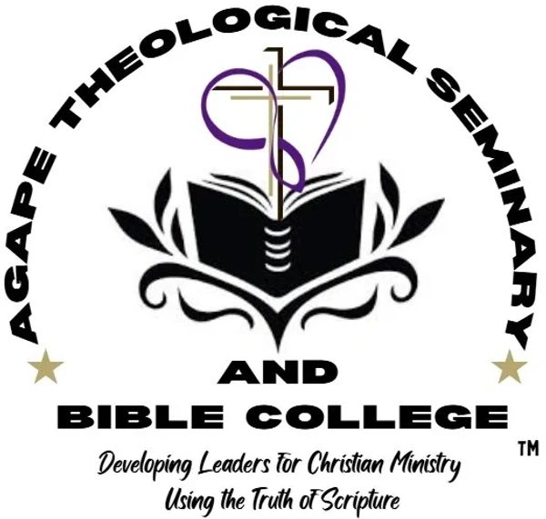 Logo of Agape Theological Seminary and Bible College with a cross, book, and heart symbol.