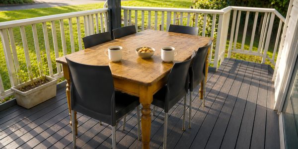 Outdoor wooden table with coffee mugs and snacks.