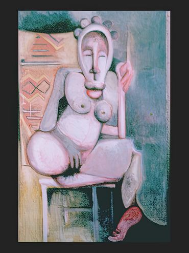 Abstract humanoid figure sitting on a chair with surreal features and muted colors.