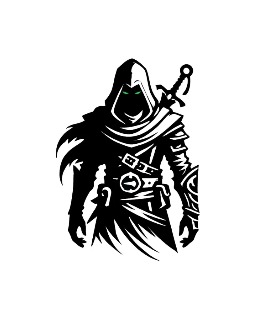 An iconic image of hooded figure, face cast in darkness, green eyes gleaming.