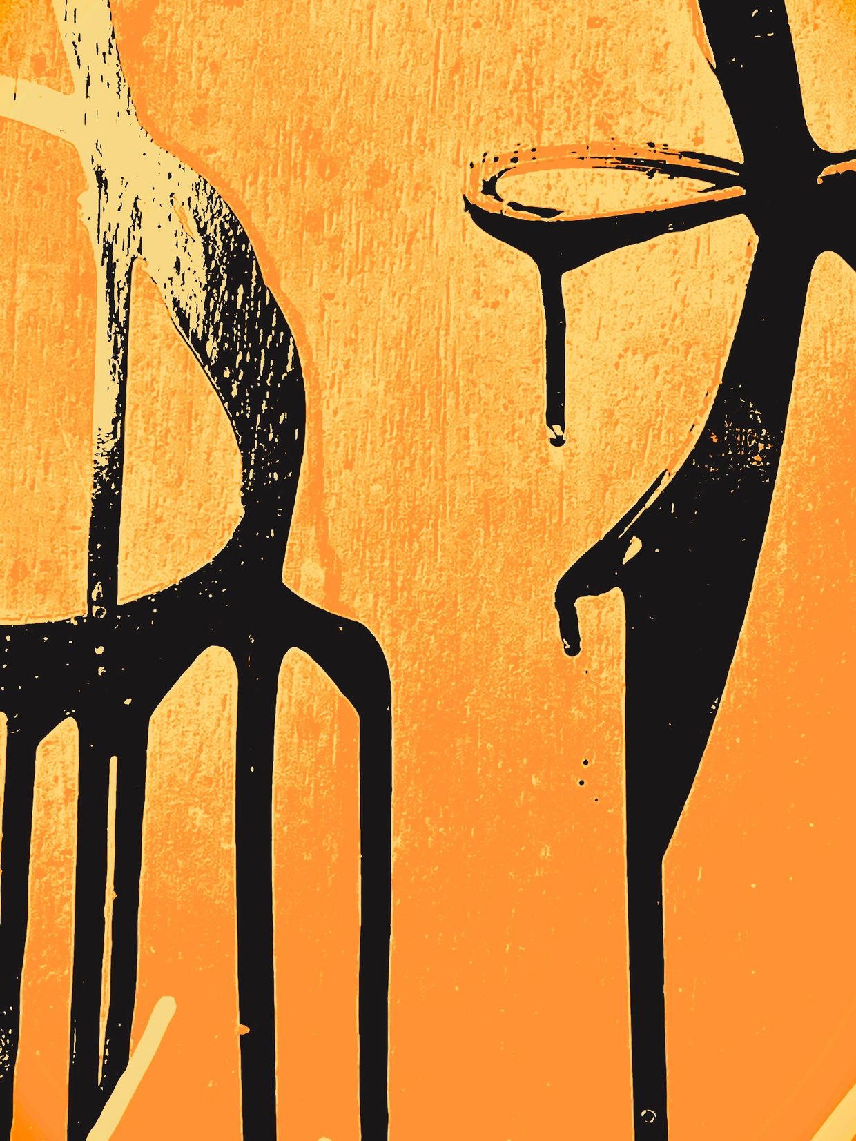 Abstract black shapes on an orange textured background resembling surreal figures.
