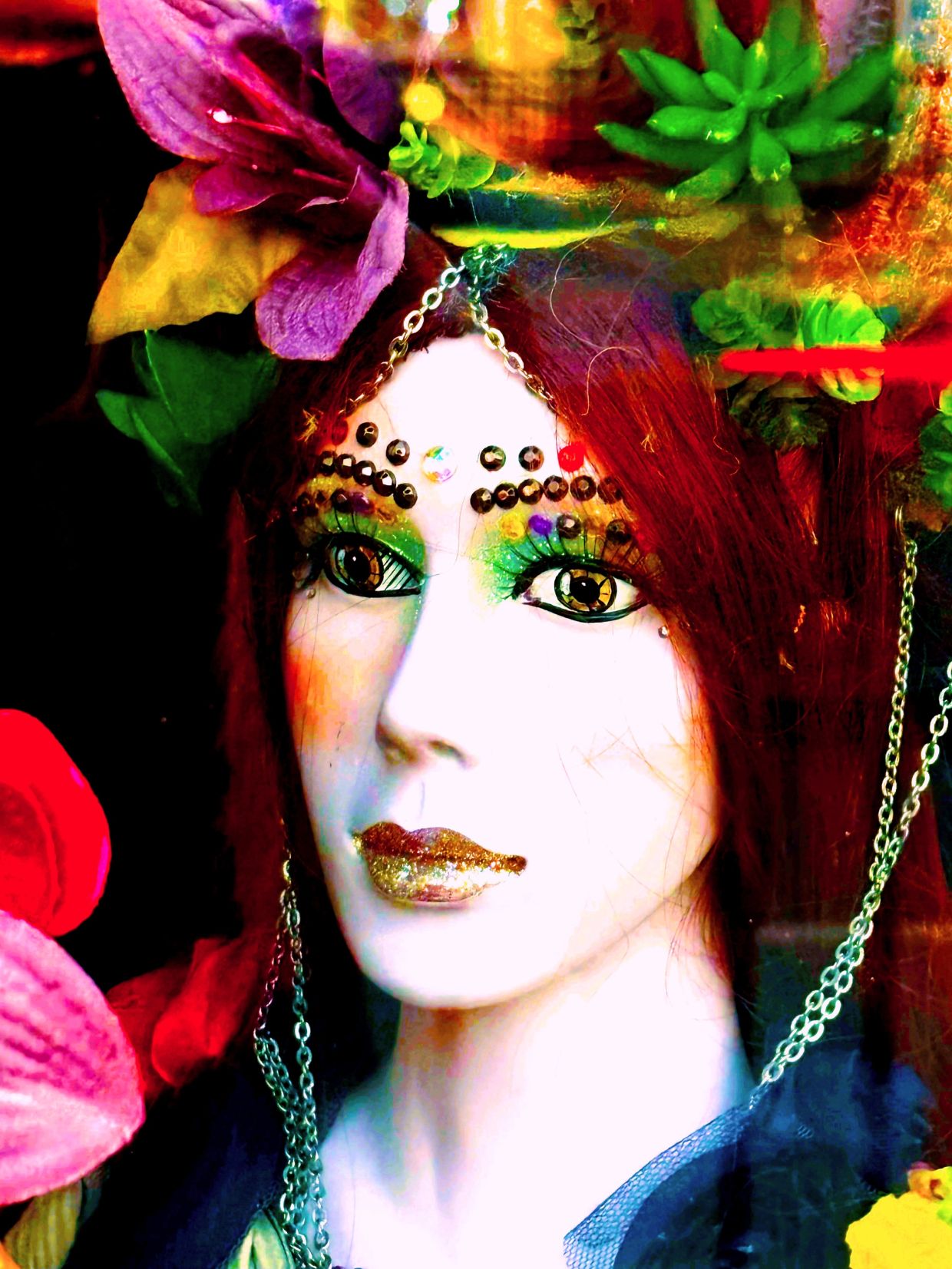 Decorative doll with vibrant makeup and floral accessories.