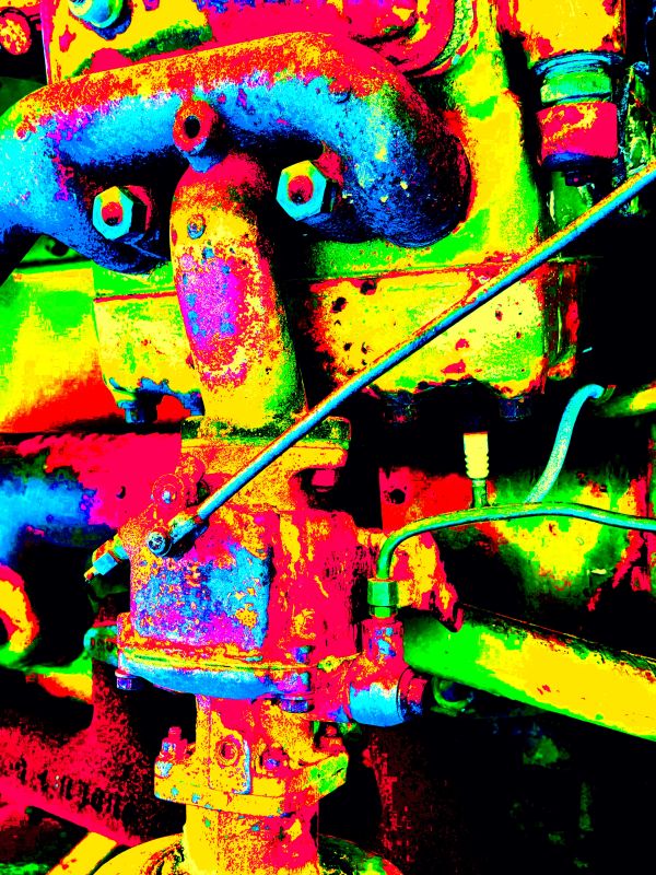 Colorful edited close-up of engine parts.