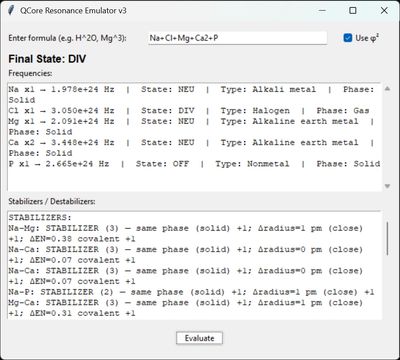 QCore Resonance Emulator v3 interface showing chemical formula and stability analysis.