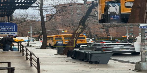 Urban street scene with school bus, cars, and pedestrians on a cloudy day.