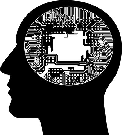 Illustration of human head with circuit board as brain