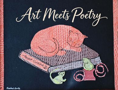 Artwork on a sleeping orange cat on stacked books for QAA's Art Meets Poetry event
