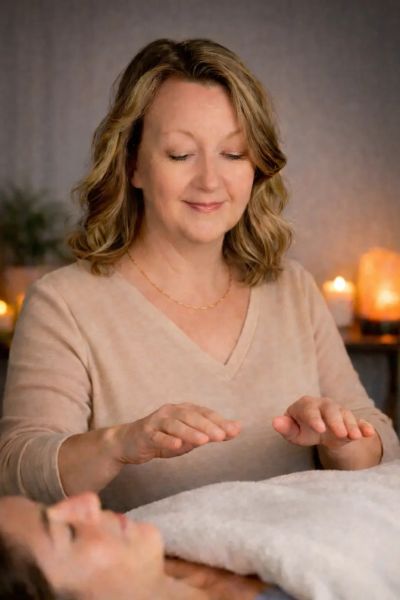 Woman practicing Reiki therapy with hands over a patient.