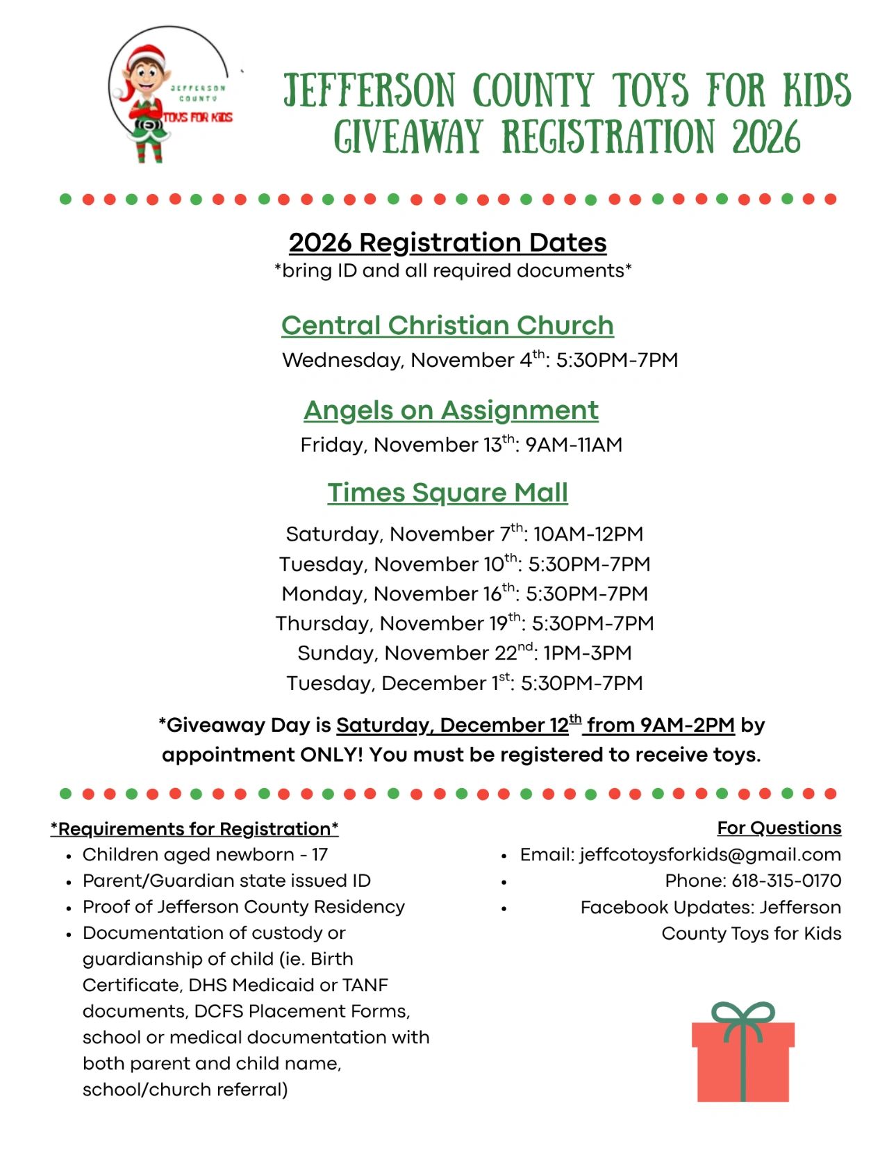 Flyer for Jefferson County Toys for Kids Giveaway 2026 registration dates and requirements.