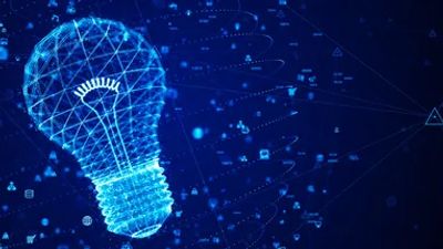 Digital light bulb made of glowing blue network lines and nodes.