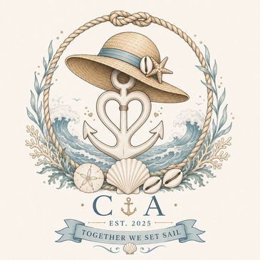 Nautical-themed emblem with anchor, hat, and seashells.