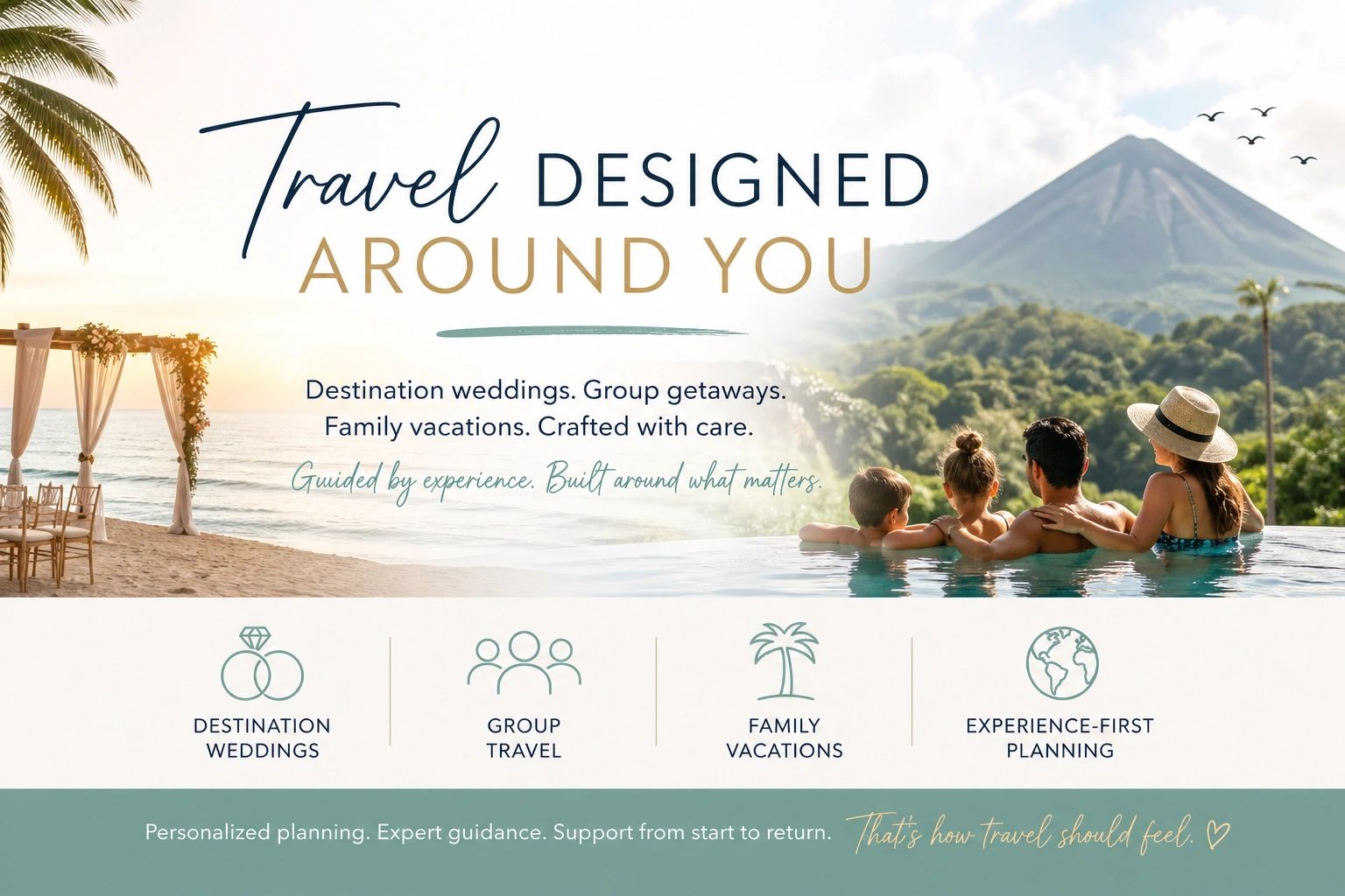 Tropical travel banner featuring beach wedding, family vacation, and group travel themes.