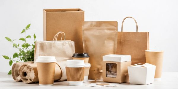 Eco-friendly brown paper packaging and takeaway containers with cups.