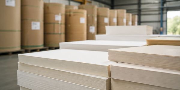 Stacks of large white paper sheets in a warehouse.
