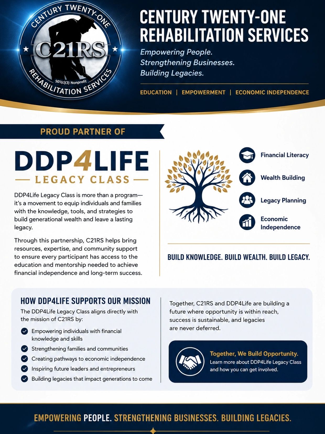 Informational flyer about Century Twenty-One Rehabilitation Services and DDP4Life Legacy Class partnership.