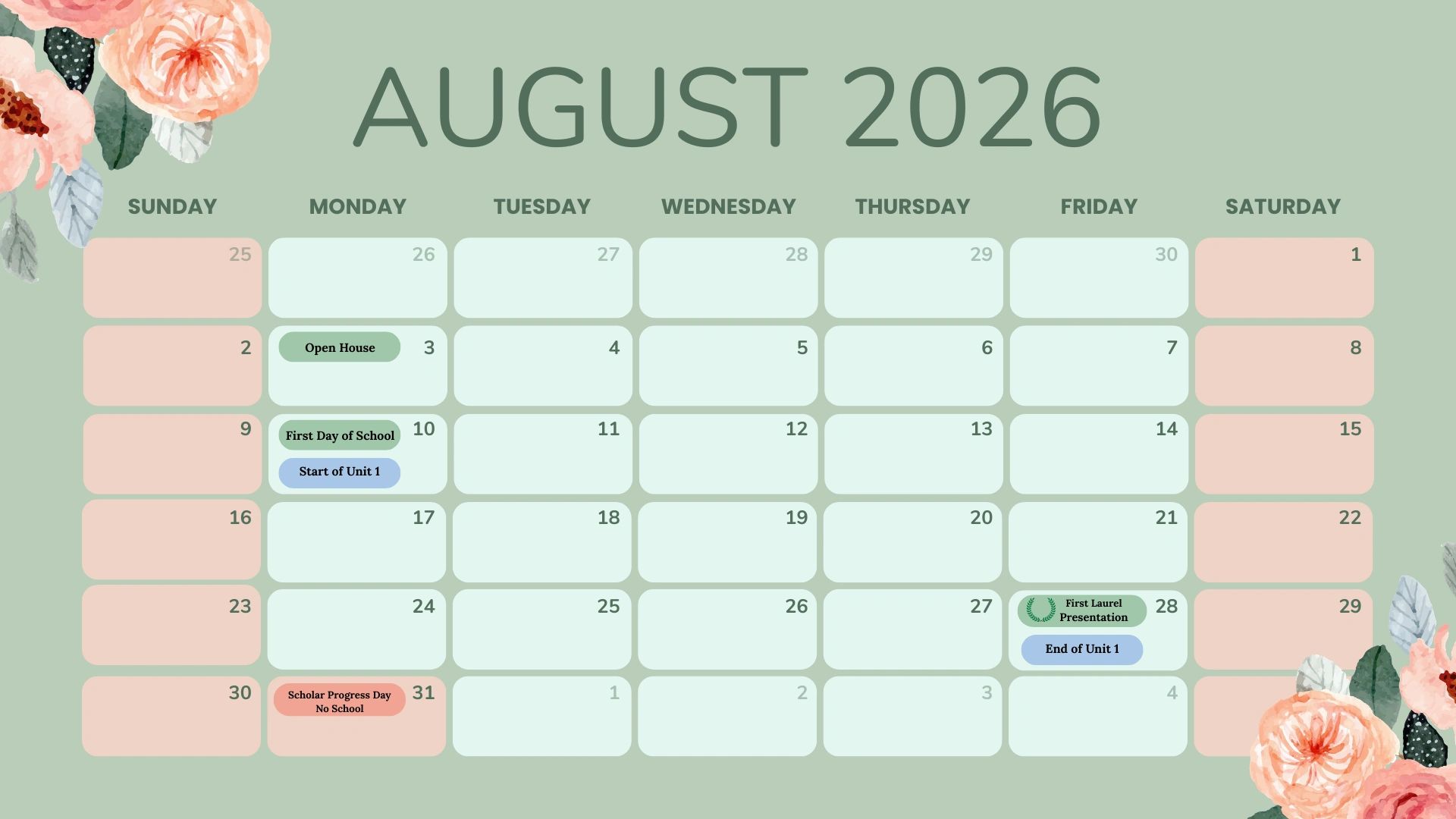 August 2026 calendar with school events and floral decorations.