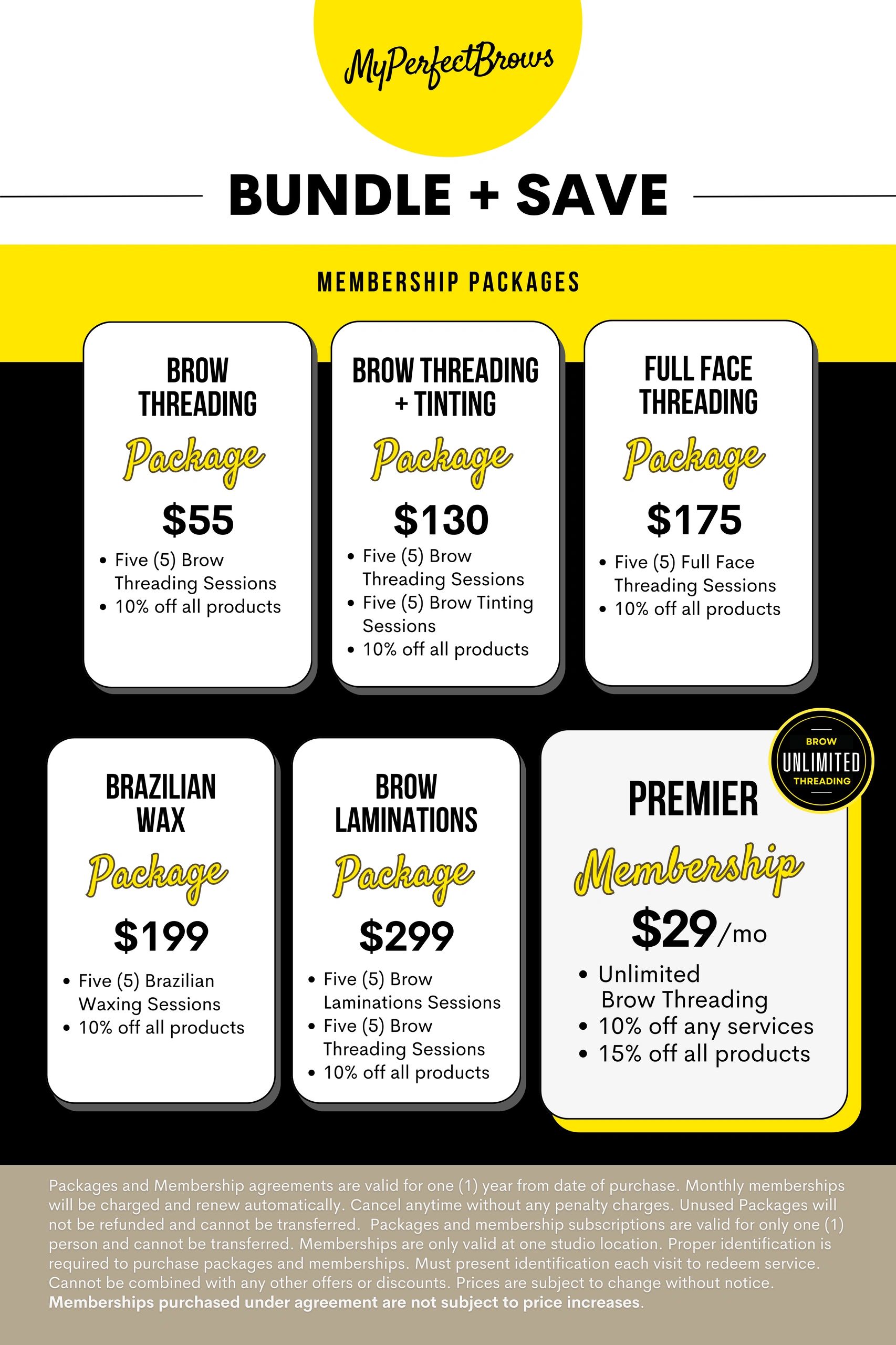 MyPerfectBrows membership packages with various threading and waxing options.