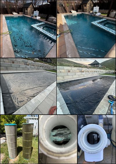 Before and after cleaning a pool and its filters.