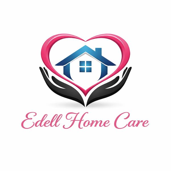 Logo with hands, heart, and house symbolizing home care by Edell.