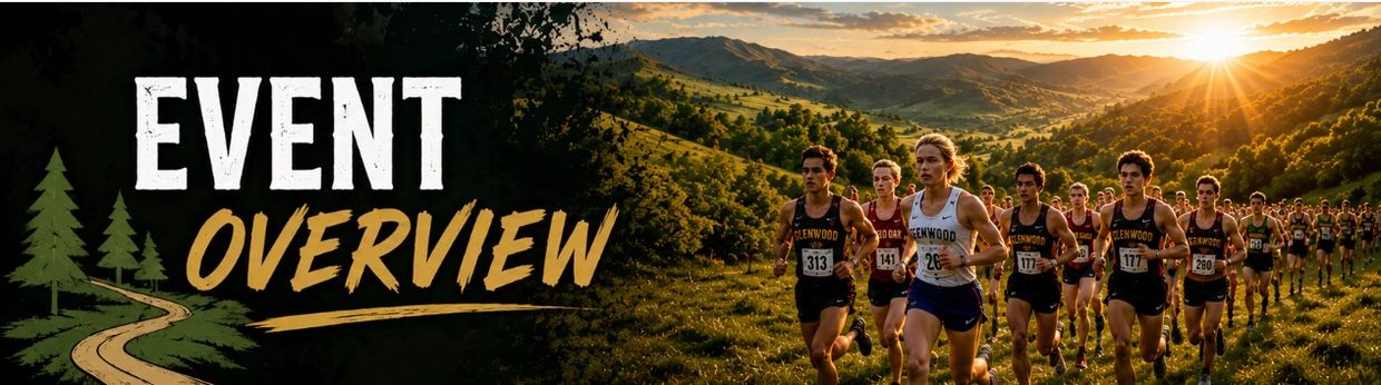 Cross country runners racing through a scenic sunset landscape.
