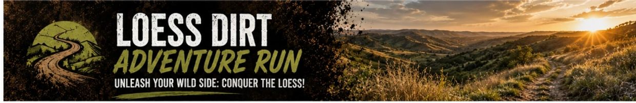 Loess Dirt Adventure Run logo with scenic sunset trail and hills.