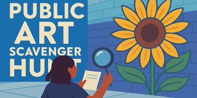 A person examining a sunflower mural with a magnifying glass at a public art scavenger hunt.