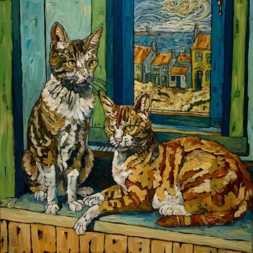 Two Cats on the Edge - 20 x 20” oil on deep gallery wrapped canvas