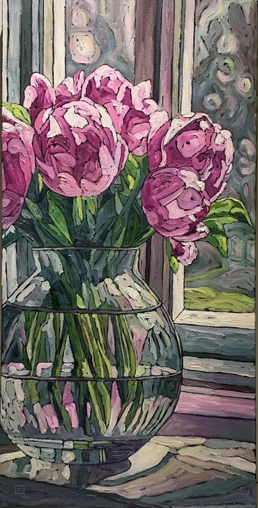 Flowers in a Round Vase - 30 x 15” oil on deep gallery wrapped canvas
