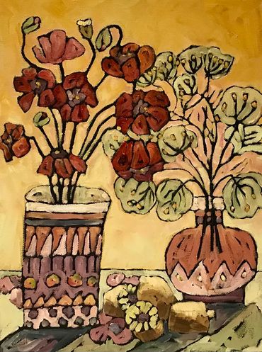 Poppies, Kiwi and Dill - 16 x 12” oil on deep canvas