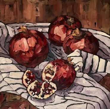 Pomegranates on a Striped Cloth - 14 x 14” oil on deep canvas