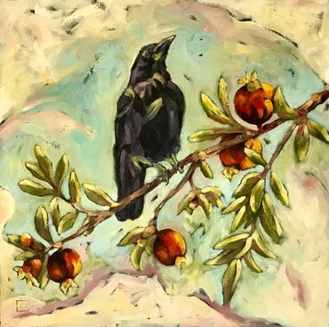 Crow and Pomegranates - 14 x 14” oil on deep canvas