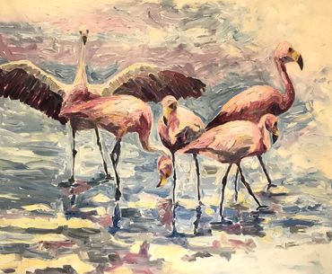 Ballet of Flamingo Light - 20 x 24” oil on deep canvas