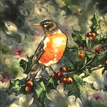 A robin perched on a holly branch with red berries.