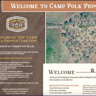 Welcome sign and rules for Camp Polk Pioneer Cemetery with aerial and grave images.