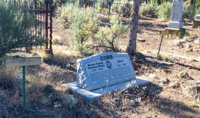 Gravestones in a dry, sunlit cemetery surrounded by bushes and trees.