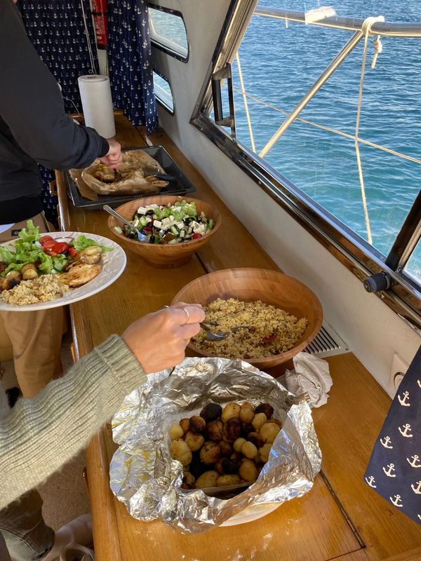 Our fresh buffet lunch. 
Roast chicken, Roast potatoes and Greek Salad. 