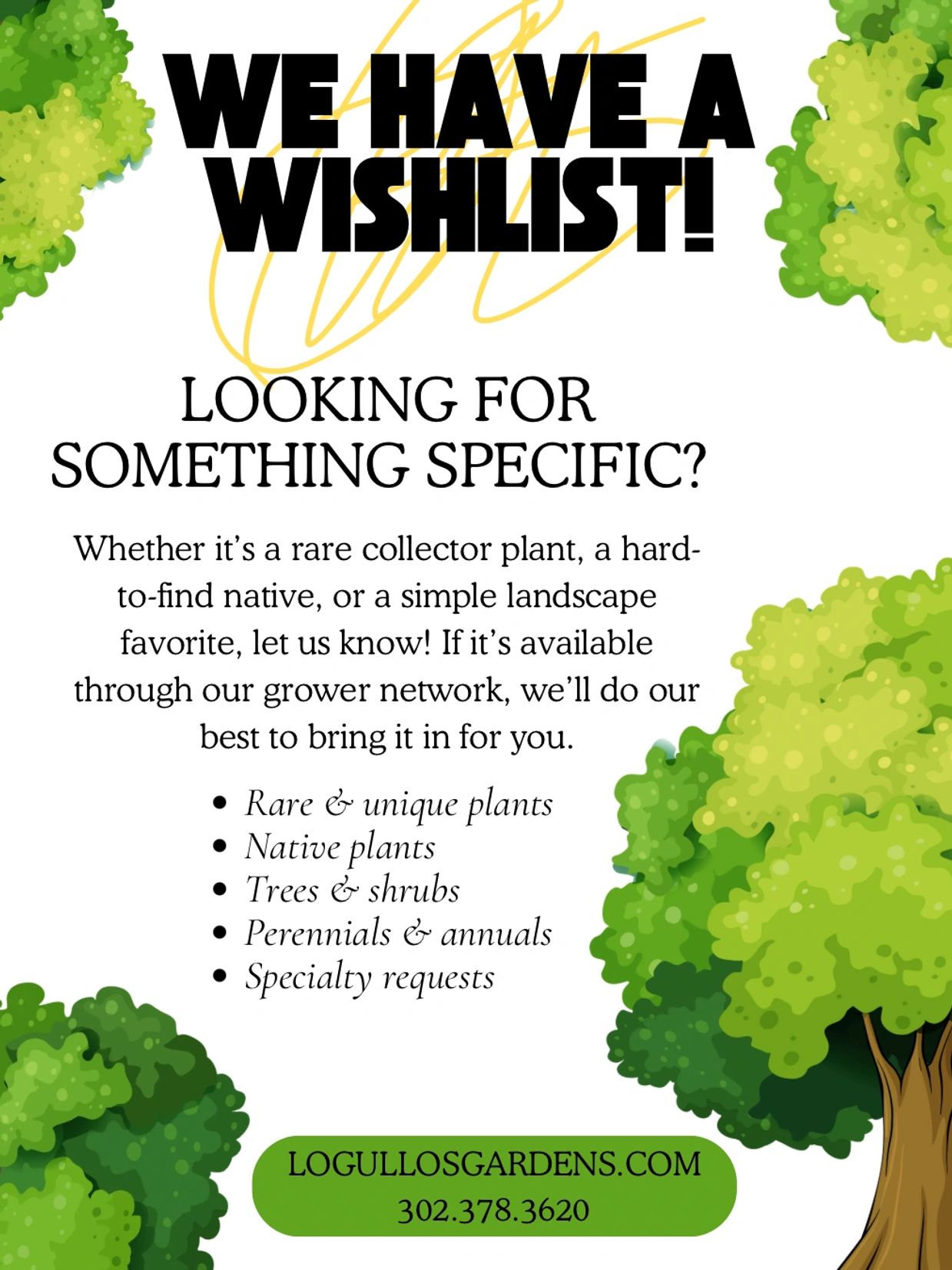 Plant wishlist announcement with contact details.