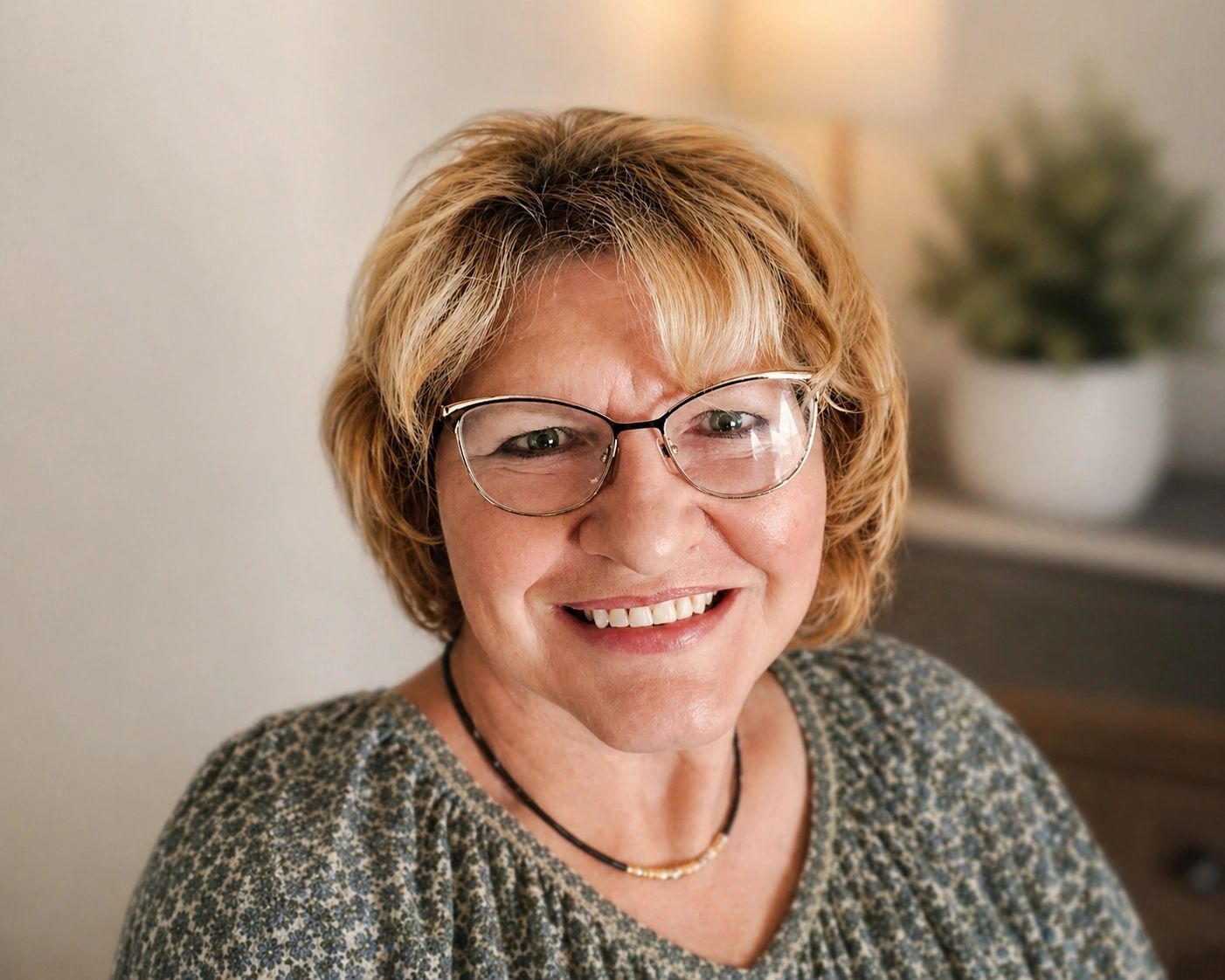 Smiling woman with glasses and short blonde hair indoors.