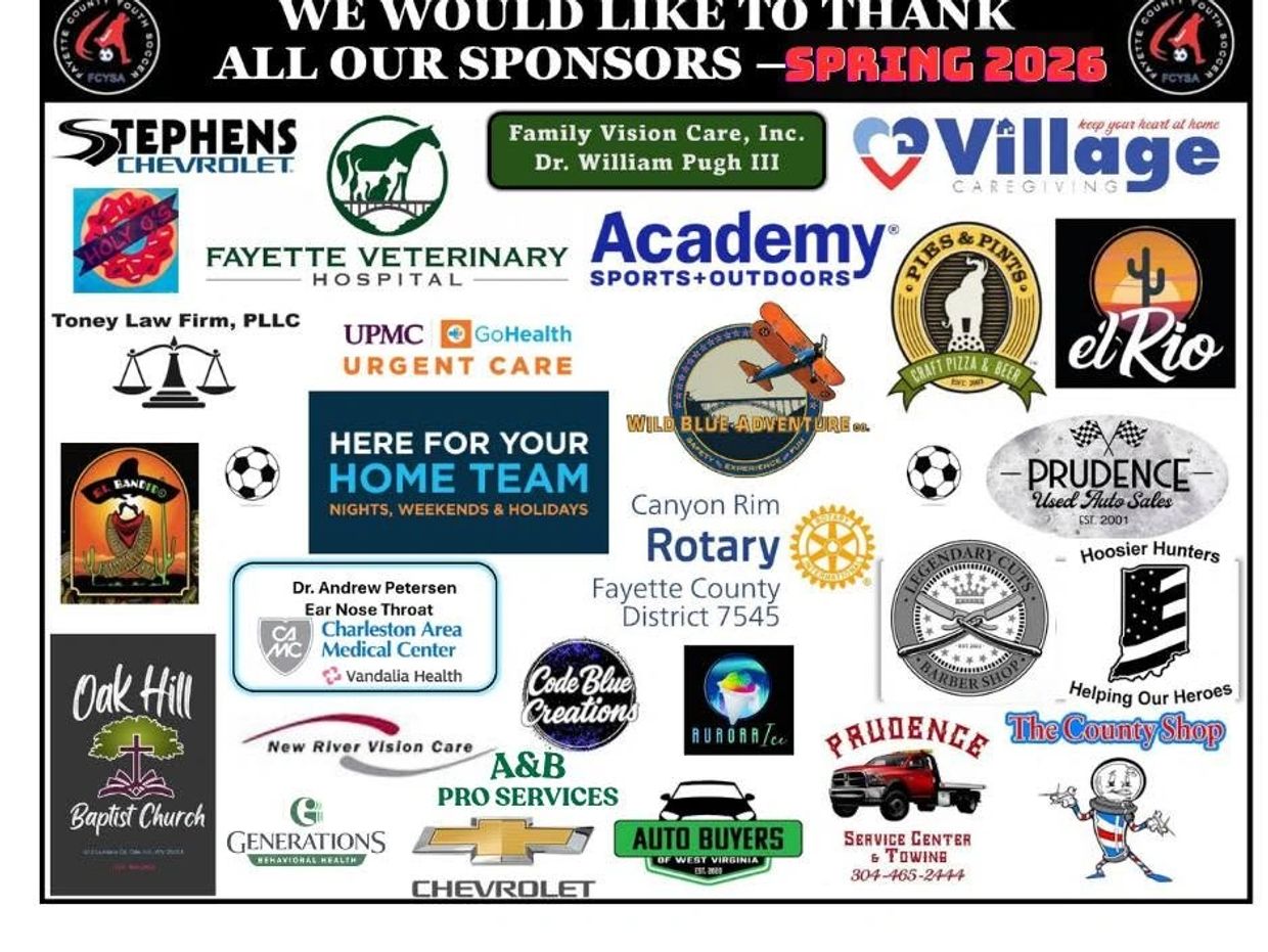Fall 2026 Fayette County Youth Soccer sponsor logos.