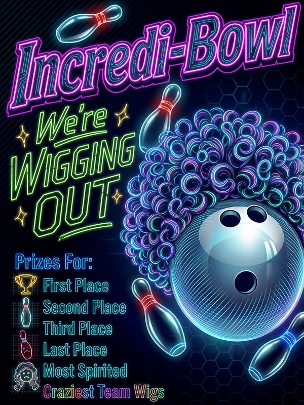 Neon-themed bowling event poster with vibrant colors and playful text.