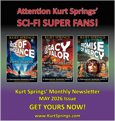 Promotional image for Kurt Springs' sci-fi book series and newsletter.
