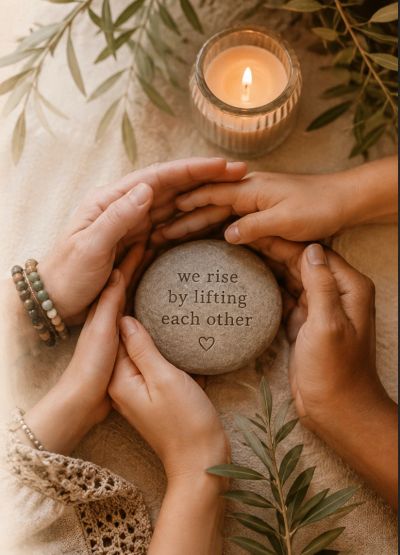 Hands holding a stone with an inspirational quote by a candle.