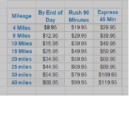 Pricing table for mileage delivery services with various speed options.