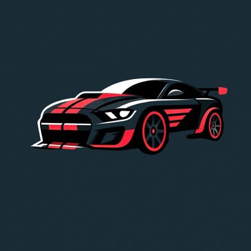 Stylized black and red sports car with racing stripes and aerodynamic design.