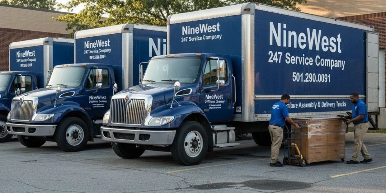 Three NineWest delivery trucks parked with two employees handling a pallet.