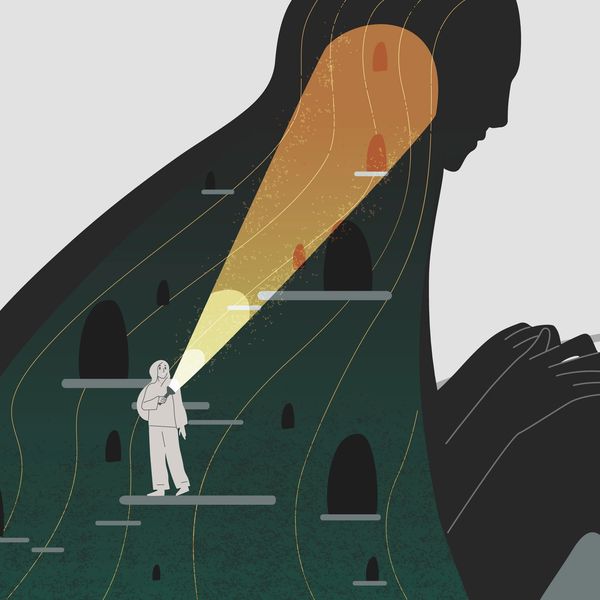 Mindfulness and self-analysis flat vector illustration. Woman with flashlight looking for spirit 