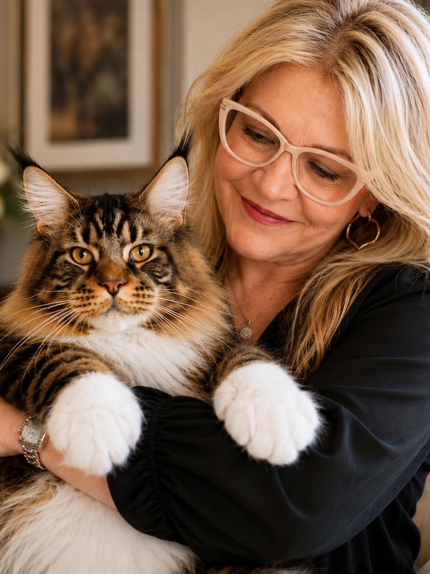 Woman lovingly holding a large Maine Coon cat.