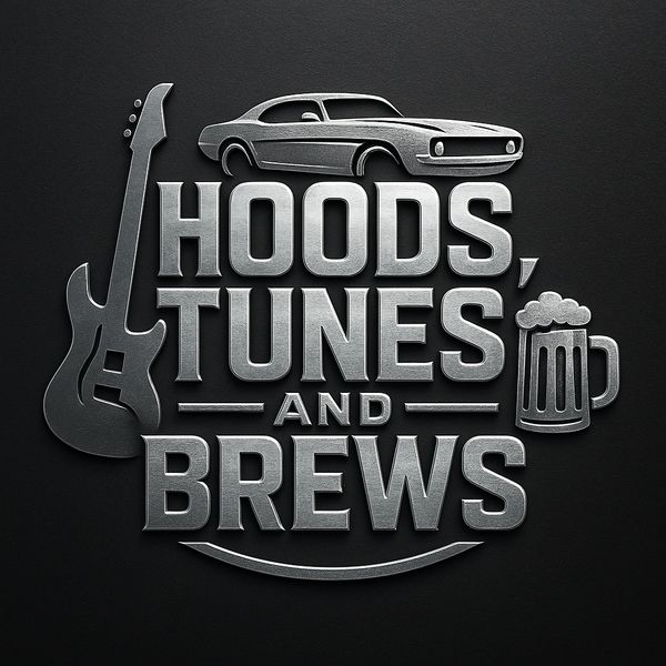 Metallic logo with car, guitar, beer icons, and text 'Hoods, Tunes and Brews'.