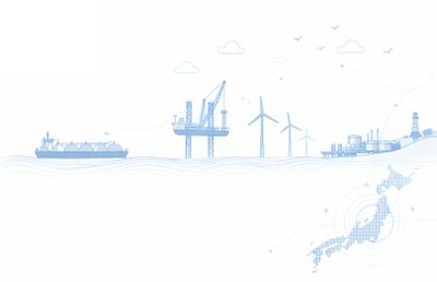 Illustration of various energy sources including ships, offshore oil platform, and wind turbines.