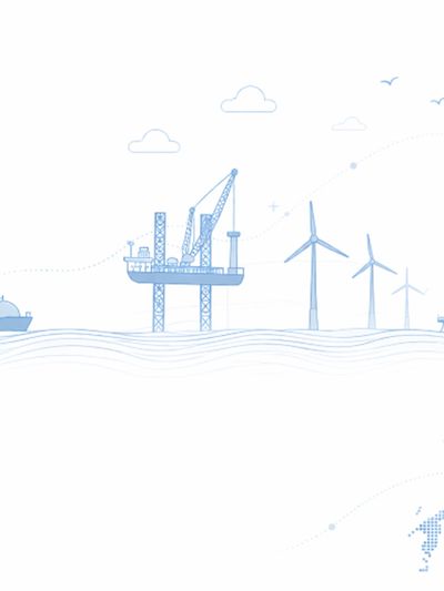 Illustration of offshore oil platform and wind turbines at sea.